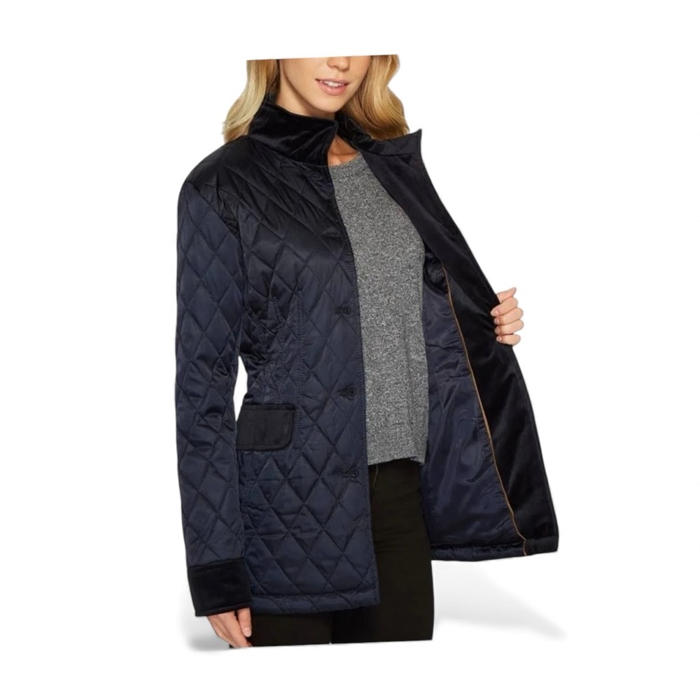 VINCE CAMUTO Navy Quilted Velvet Trim Lined Jacket Gold Buttons Pockets EUC L - Picture 4 of 12